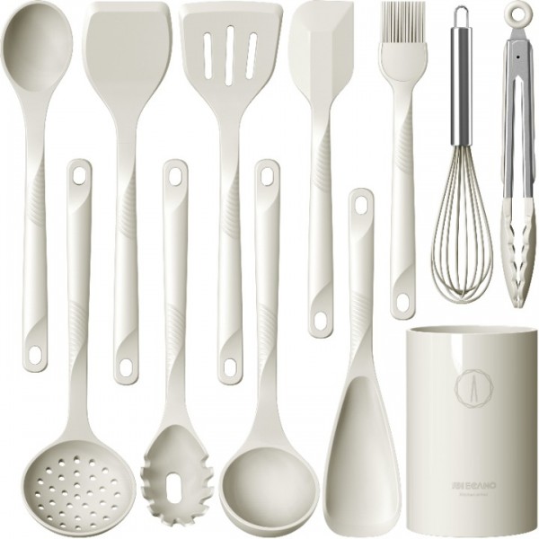 Silicone Cooking Utensils Set - 600°F Heat Resistant, Nonstick Kitchen Utensil Set with Spatulas, Spoons, Whisk, Tongs, BPA Free, Dishwasher Safe, Cream White