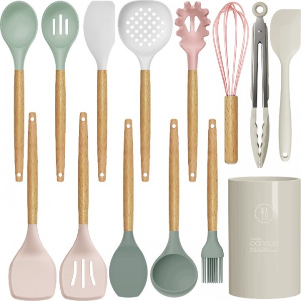 Silicone Cooking Utensils Set - 446°F Heat Resistant Silicone Kitchen Utensils for Cooking,Kitchen Utensil Spatula Set w Wooden Handles and Holder, BPA FREE Gadgets for Non-Stick Cookware (Colorful)
