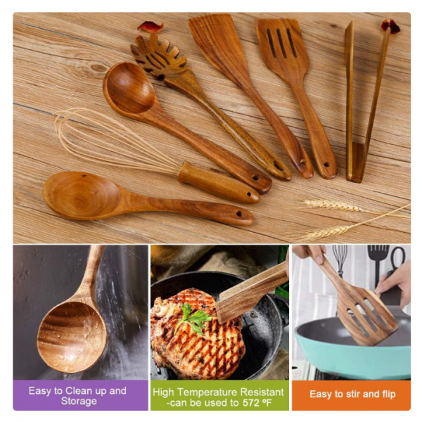 Wooden Utensil for Cooking, Wood Kitchen Utensils Cooking Set Teak Wood Spoons set for Cooking,Spatulas Non-Stick for Cookware Kitchen Spoon (7)