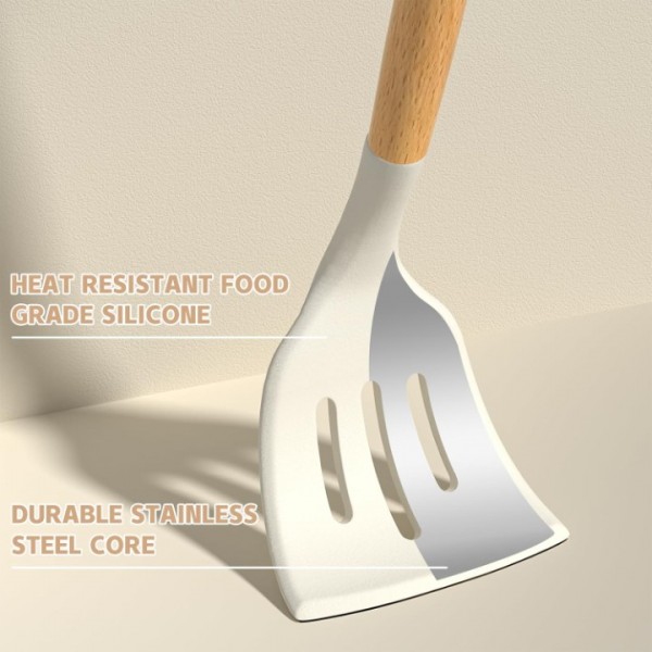 Kitchen Cooking Utensils Set, 33 pcs Non-stick Silicone Cooking Kitchen Utensils Spatula Set with Holder, Wooden Handle Silicone Kitchen Gadgets Utensil Set (Cream White)