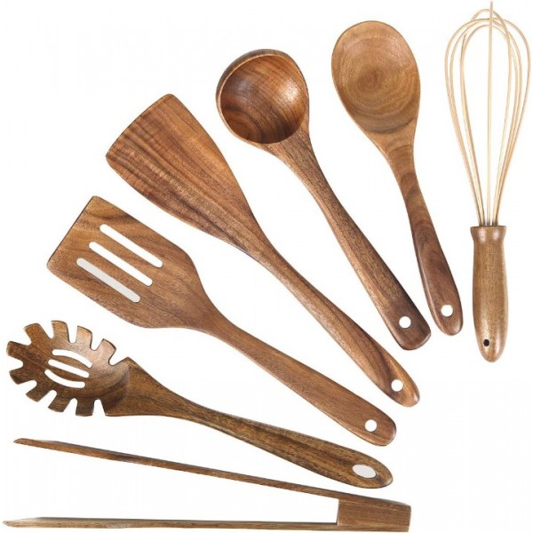 5-Piece Wooden Cooking Utensils Set – Natural Teak Kitchen Tools for Nonstick Cookware, Heat-Resistant Wood Spatula, Turner, Skimmer, Salad Fork, and Soup Ladle