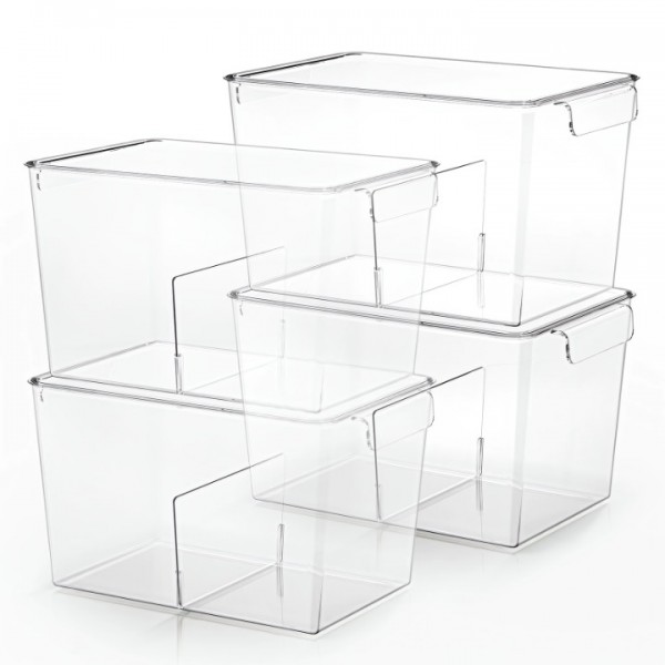 Stackable Clear Storage Bins with Lids, Large Plastic Storage Bins w Handle, Acrylic Pantry Organization and Storage for Kitchen, Fridge, Cabinet, Refrigerator, Bathroom Organizer