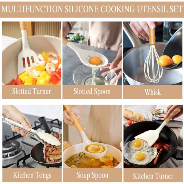 Kitchen Cooking Utensils Set, 33 pcs Non-stick Silicone Cooking Kitchen Utensils Spatula Set with Holder, Wooden Handle Silicone Kitchen Gadgets Utensil Set (Cream White)