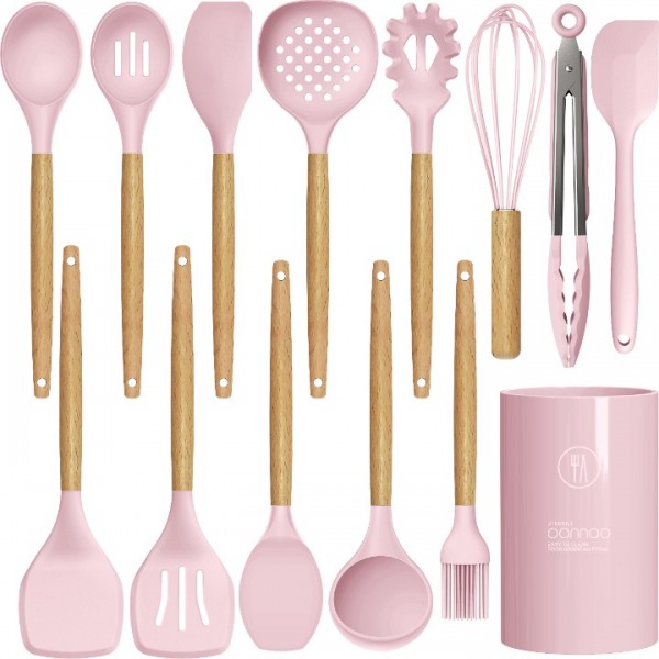 14 Pcs Silicone Cooking Utensils Kitchen Utensil Set - 446°F Heat Resistant,Turner Tongs,Spatula,Spoon,Brush,Whisk, Wooden Handles Pink Kitchen Gadgets Tools Set for Nonstick Cookware (BPA Free)