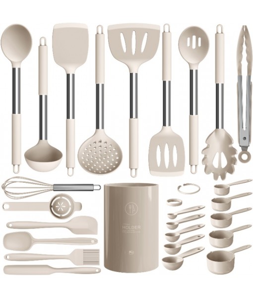 Large Silicone Cooking Utensils Set - Heat Resistant Kitchen Utensils,Turner Tongs,Spatula,Spoon,Brush,Whisk,Stainless Steel Silicone Cooking Tool for Nonstick Cookware,Dishwasher Safe (Khaki)