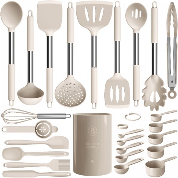 Large Silicone Cooking Utensils Set - Heat Resistant Kitchen Utensils,Turner Tongs,Spatula,Spoon,Brush,Whisk,Stainless Steel Silicone Cooking Tool for Nonstick Cookware,Dishwasher Safe (Khaki)