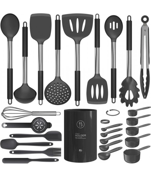 Large Silicone Cooking Utensils Set - Heat Resistant Kitchen Utensils,Turner Tongs,Spatula,Spoon,Brush,Whisk,Stainless Steel Silicone Cooking Tool for Nonstick Cookware,Dishwasher Safe (Gray)