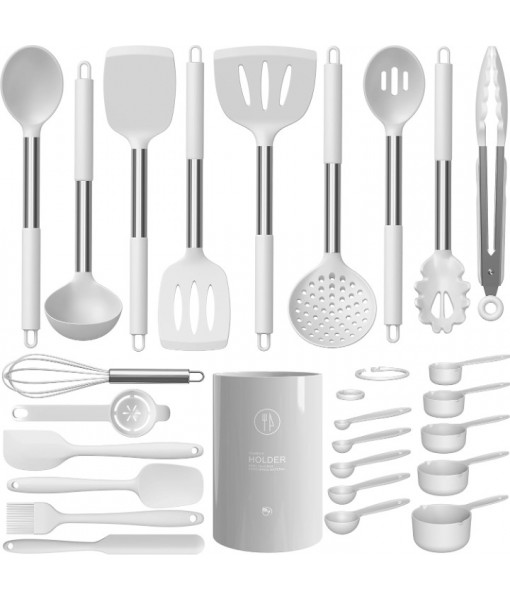 Large Silicone Cooking Utensils Set - Heat Resistant Kitchen Utensils Sets,Spatula,Spoon,Turner Tongs,Brush,Whisk,Stainless Steel Silicone Cooking Utensil for Nonstick Cookware,Dishwasher Safe (White)