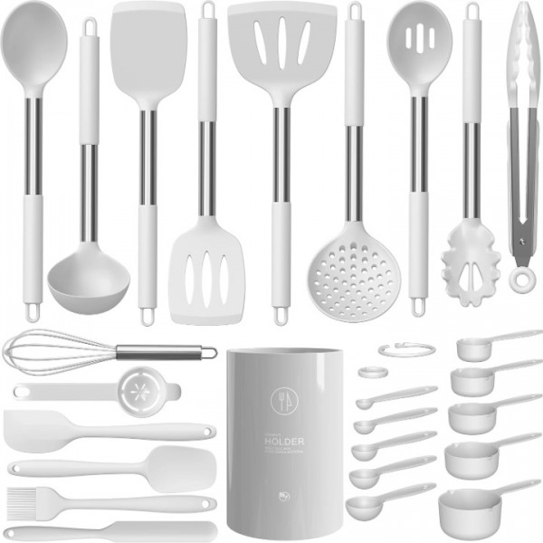 Large Silicone Cooking Utensils Set - Heat Resistant Kitchen Utensils Sets,Spatula,Spoon,Turner Tongs,Brush,Whisk,Stainless Steel Silicone Cooking Utensil for Nonstick Cookware,Dishwasher Safe (White)