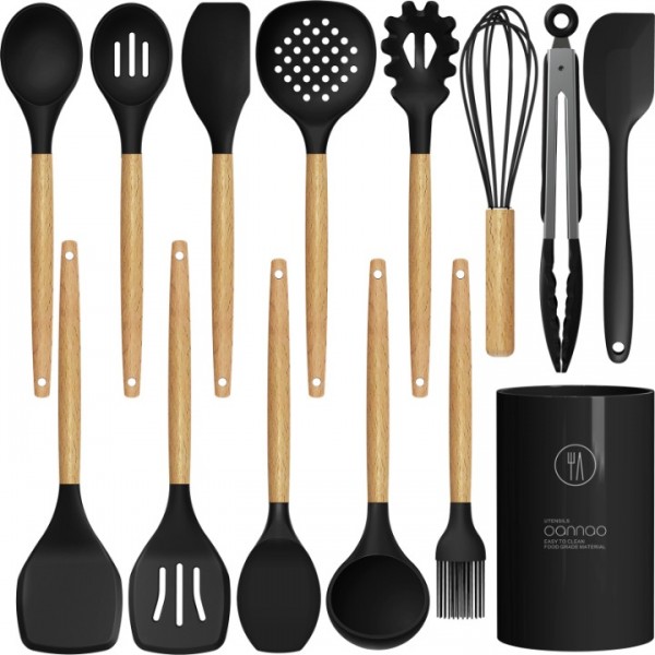 Silicone Cooking Utensils Set - 446°F Heat Resistant Silicone Kitchen Utensils for Cooking,Kitchen Utensil Spatula Set w Wooden Handles and Holder, Gadgets for Non-Stick Cookware BPA FREE (Black)