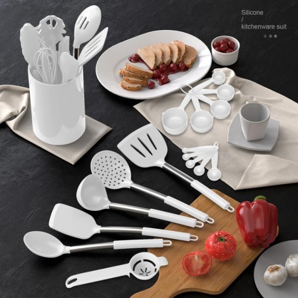 Large Silicone Cooking Utensils Set - Heat Resistant Kitchen Utensils Sets,Spatula,Spoon,Turner Tongs,Brush,Whisk,Stainless Steel Silicone Cooking Utensil for Nonstick Cookware,Dishwasher Safe (White)