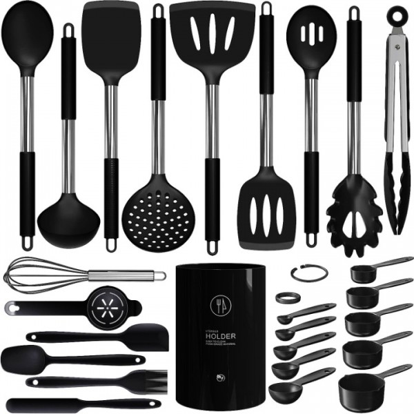 Large Silicone Cooking Utensils Set - Heat Resistant Kitchen Utensils Sets,Spatula,Spoon,Turner Tongs,Brush,Whisk,Stainless Steel Silicone Cooking Utensil for Nonstick Cookware,Dishwasher Safe (Black)