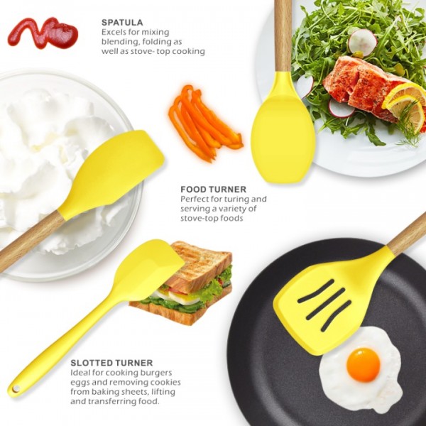 14 Pcs Silicone Cooking Utensils Kitchen Utensil Set - 446°F Heat Resistant,Turner Tongs,Spatula,Spoon,Brush,Whisk, Wooden Handles Yellow Kitchen Gadgets Tools Set for Nonstick Cookware (BPA Free)