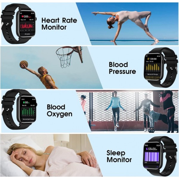 Smart Watch for Women Men (Answer/Make Calls), 1.9" Smartwatch Fitness Tracker for Android iPhone, Waterproof Sport Digital Watches, Blood Pressure Heart Rate Monitor Step Counter Sleep Tracker-Black