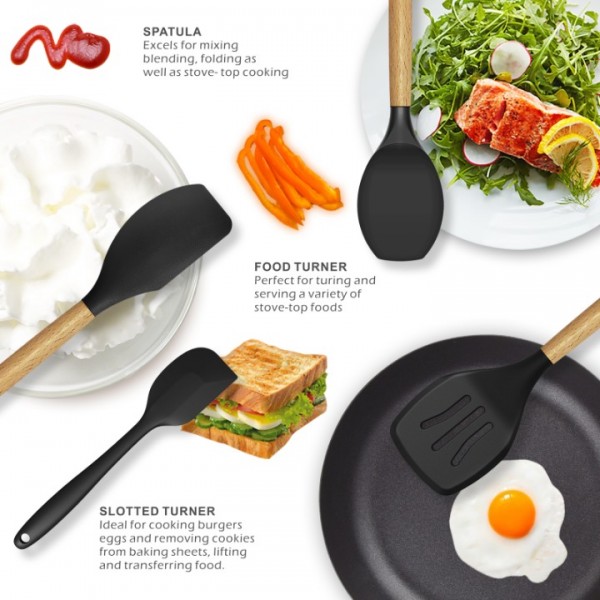 Silicone Cooking Utensils Set - 446°F Heat Resistant Silicone Kitchen Utensils for Cooking,Kitchen Utensil Spatula Set w Wooden Handles and Holder, Gadgets for Non-Stick Cookware BPA FREE (Black)