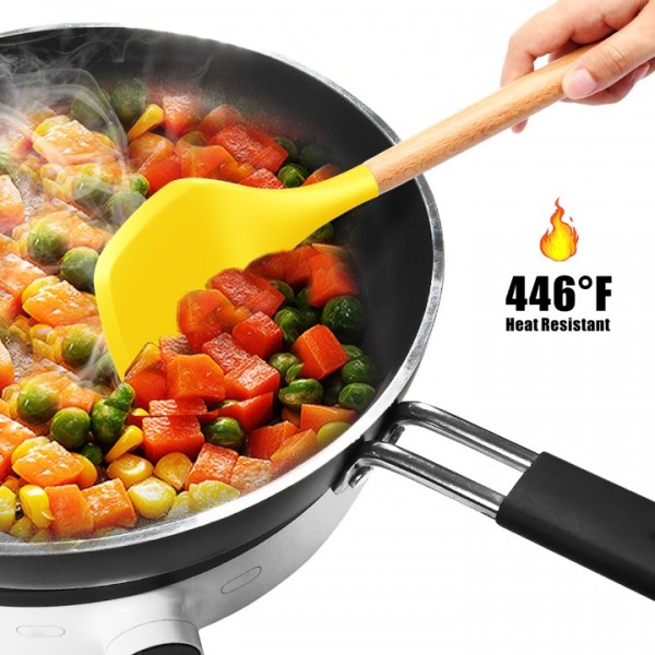 14 Pcs Silicone Cooking Utensils Kitchen Utensil Set - 446°F Heat Resistant,Turner Tongs,Spatula,Spoon,Brush,Whisk, Wooden Handles Yellow Kitchen Gadgets Tools Set for Nonstick Cookware (BPA Free)