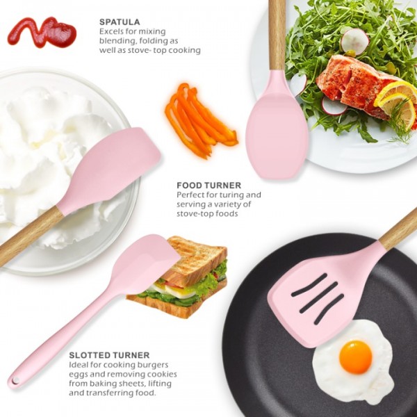 14 Pcs Silicone Cooking Utensils Kitchen Utensil Set - 446°F Heat Resistant,Turner Tongs,Spatula,Spoon,Brush,Whisk, Wooden Handles Pink Kitchen Gadgets Tools Set for Nonstick Cookware (BPA Free)