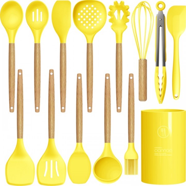 14 Pcs Silicone Cooking Utensils Kitchen Utensil Set - 446°F Heat Resistant,Turner Tongs,Spatula,Spoon,Brush,Whisk, Wooden Handles Yellow Kitchen Gadgets Tools Set for Nonstick Cookware (BPA Free)