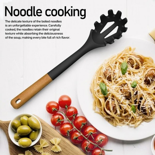 Large Silicone Cooking Utensils - Heat Resistant Kitchen Utensil Set with Wooden Handles, Spatula,Turner, Slotted Spoon, Pasta server, Kitchen Gadgets Tools Sets for Non-Stick Cookware (Black)