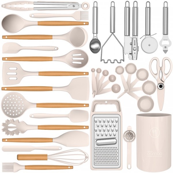 Silicone Cooking Utensils Set - Heat Resistant Silicone Kitchen Utensils for Cooking, Kitchen Utensil Spatula Set w Holder,BPA FREE Kitchen Gadgets Tools for Non-Stick Cookware Dishwasher Safe (Khaki)