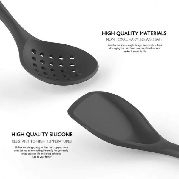 Large Silicone Cooking Utensils - Heat Resistant Kitchen Utensil Set with Wooden Handles, Spatula,Turner, Slotted Spoon, Pasta server, Kitchen Gadgets Tools Sets for Non-Stick Cookware (Black)