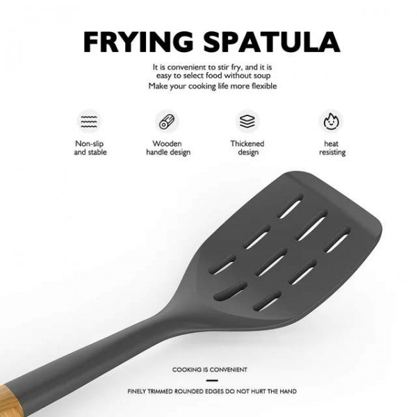 Large Silicone Cooking Utensils - Heat Resistant Kitchen Utensil Set with Wooden Handles, Spatula,Turner, Slotted Spoon, Pasta server, Kitchen Gadgets Tools Sets for Non-Stick Cookware (Black)