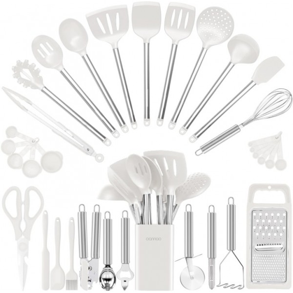 Kitchen Utensil Set-Silicone Cooking Utensils-33 Kitchen Gadgets & Spoons for Nonstick Cookware-Silicone and Stainless Steel Spatula Set-Best Kitchen Tools, Useful Pots (Cream White)