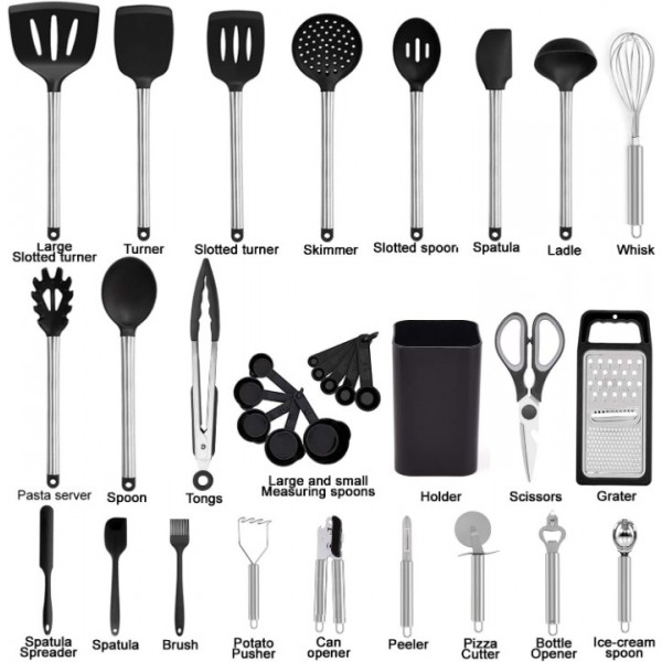 Kitchen Utensil Set-Silicone Cooking Utensils-33 Kitchen Gadgets & Spoons for Nonstick Cookware-Silicone and Stainless Steel Spatula Set-Best Kitchen Tools, Useful Pots and Pans Accessories