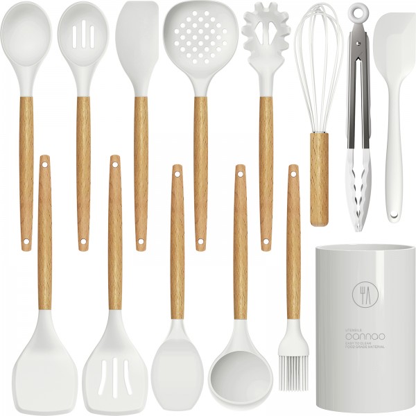 Silicone Cooking Utensils Set - 446°F Heat Resistant Silicone Kitchen Utensils for Cooking,Kitchen Utensil Spatula Set w Wooden Handles and Holder for Non-Stick Cookware, BPA FREE (White)