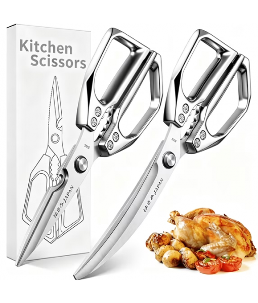 Kitchen Scissors Set Silver - Stainless Steel Kitchen Shear, Sharp Meat Scissors Dishwasher Safe, Heavy Duty Poultry Shears, Japanese Cooking Scissor for Food, Chicken Bones, and Turkey
