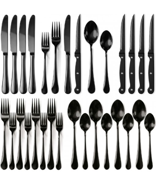 Black Silverware Set with Steak Knives, 24-Piece Flatware Set Service for 4, Thickened Stainless Steel Spoons and Forks Set, Upgraded Rust-Resistant Coating, Dishwasher Safe Cutlery Set for Gifts