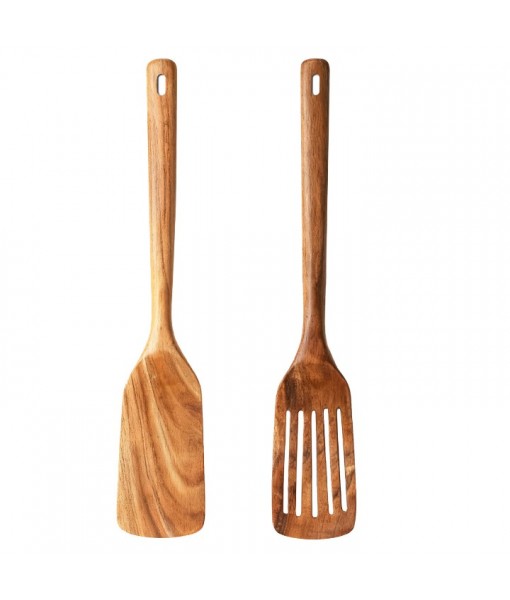 2-Piece Wooden Spatula Set for Cooking – Solid and Slotted Turner with Comfortable Handles, Nonstick Safe and Heat Resistant