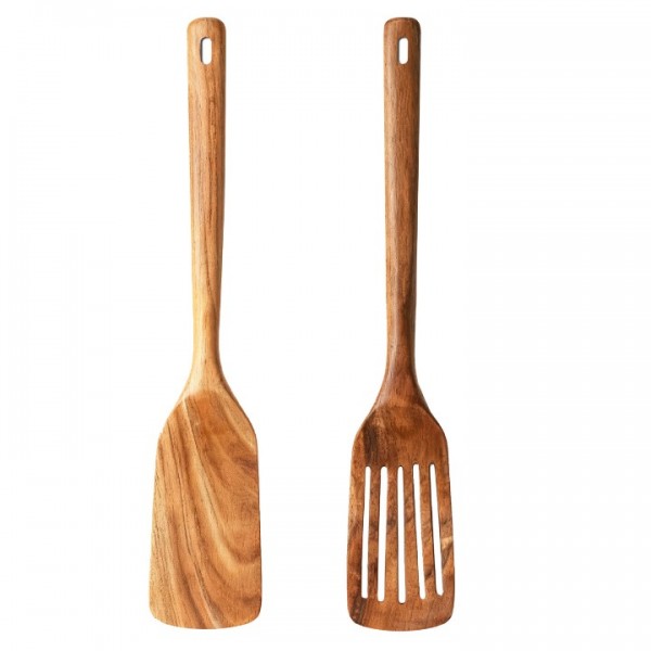 2-Piece Wooden Spatula Set for Cooking – Solid and Slotted Turner with Comfortable Handles, Nonstick Safe and Heat Resistant