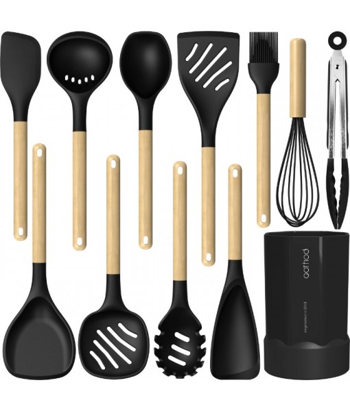 Silicone Cooking Utensils Set, 446°F Heat Resistant Silicone Kitchen Utensils for Nonstick Cookware, Kitchen Gadgets Spatula Set, Spoon, Turner, Tongs, Ladle, Whisk, BPA FREE (Black)