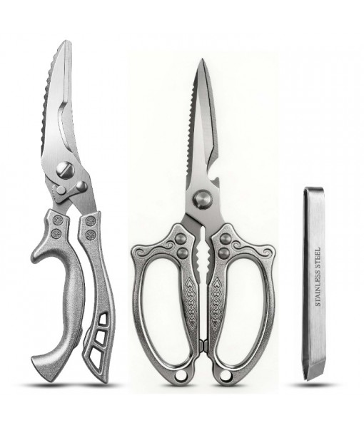 Kitchen Scissors Set Poultry Scissors Heavy Duty with Safety Lock 3.5mm Thickness 3 Piece Kitchen Shears for Cutting Chicken Meat Bone Food Seafood Brushed Stainless Steel Tongs Dishwasher Safe