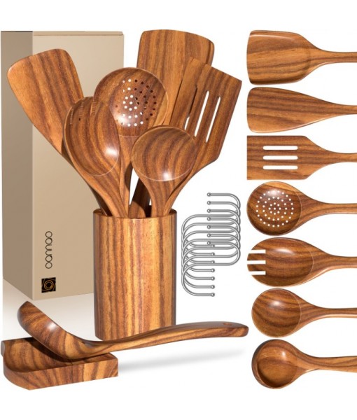 9-Piece Wooden Kitchen Utensils Set for Cooking – Teak Wood Tools with Holder, Spoon Rest, Hooks, Heat Resistant for Nonstick Cookware