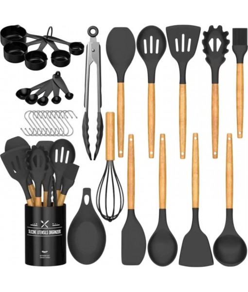 Kitchen Cooking Utensils Set, 33 pcs Non-stick Silicone Cooking Kitchen Utensils Spatula Set with Holder, Wooden Handle Silicone Kitchen Gadgets Utensil Set (Black)