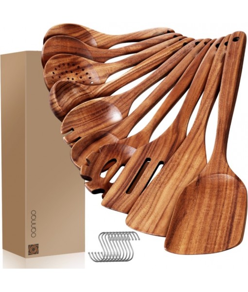 10-Piece Wooden Cooking Utensils Set – Natural Teak Kitchen Utensils for Nonstick Cookware, Heat-Resistant Wooden Spoons and Spatulas, Non-Scratch & Eco-Friendly Kitchen Tools
