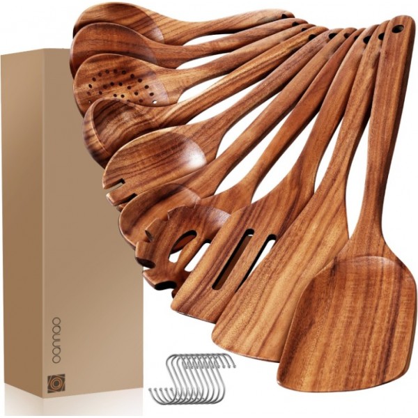 10-Piece Wooden Cooking Utensils Set – Natural Teak Kitchen Utensils for Nonstick Cookware, Heat-Resistant Wooden Spoons and Spatulas, Non-Scratch & Eco-Friendly Kitchen Tools