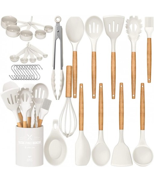 Kitchen Cooking Utensils Set, 33 pcs Non-stick Silicone Cooking Kitchen Utensils Spatula Set with Holder, Wooden Handle Silicone Kitchen Gadgets Utensil Set (Cream White)