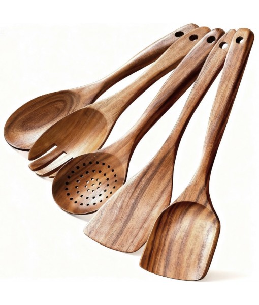 5-Piece Wooden Cooking Utensils Set – Natural Teak Kitchen Tools for Nonstick Cookware, Heat-Resistant Wood Spatula, Turner, Skimmer, Salad Fork, and Soup Ladle