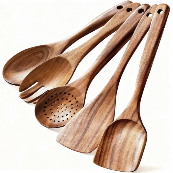 5-Piece Wooden Cooking Utensils Set – Natural Teak Kitchen Tools for Nonstick Cookware, Heat-Resistant Wood Spatula, Turner, Skimmer, Salad Fork, and Soup Ladle
