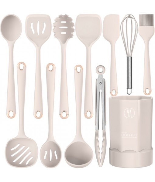 Silicone Cooking Utensils Set - Heat Resistant All Clad Silicone Kitchen Utensils,Spatula,Spoon,Whisk,Tongs,Kitchen Utensil Gadgets Tools Sets for Nonstick Cookware,Dishwasher Safe BPA Free (Khaki)