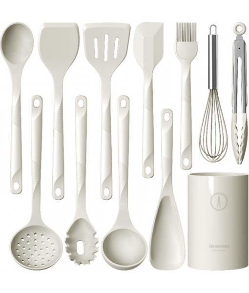 Silicone Cooking Utensils Set - 600°F Heat Resistant, Nonstick Kitchen Utensil Set with Spatulas, Spoons, Whisk, Tongs, BPA Free, Dishwasher Safe, Cream White