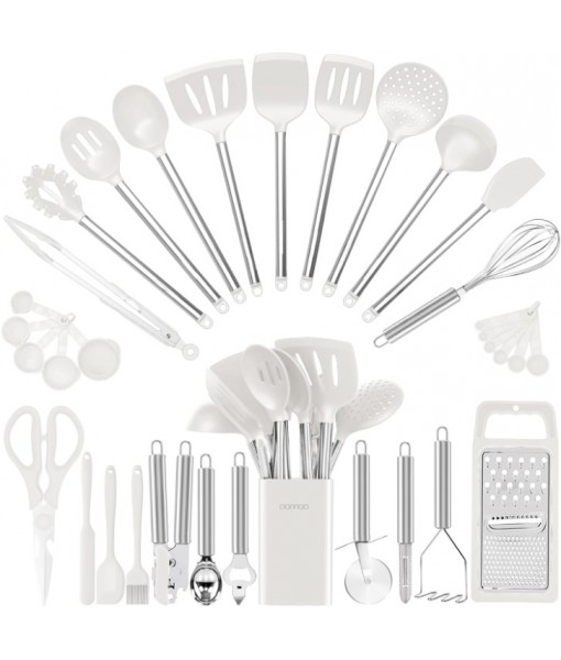 Kitchen Utensil Set-Silicone Cooking Utensils-33 Kitchen Gadgets & Spoons for Nonstick Cookware-Silicone and Stainless Steel Spatula Set-Best Kitchen Tools, Useful Pots (Cream White)