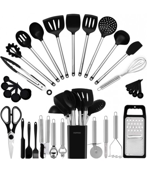 Kitchen Utensil Set-Silicone Cooking Utensils-33 Kitchen Gadgets & Spoons for Nonstick Cookware-Silicone and Stainless Steel Spatula Set-Best Kitchen Tools, Useful Pots and Pans Accessories